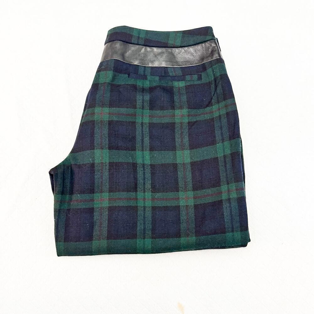 Club Monaco Plaid Patterned Straight Leg Green Slack Pants Leather Banded Size 4
